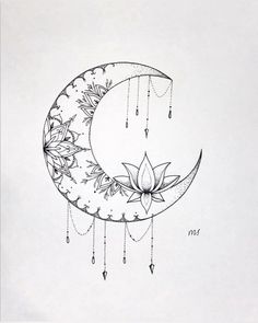 a drawing of a crescent moon with flowers and stars hanging from it's sides