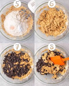 four pictures showing the steps to make chocolate chip cookies in glass bowls with measuring spoons