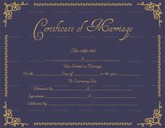 certificate of marriage in gold and blue with an ornate border on the front, black background