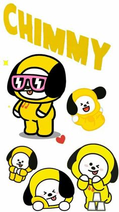 an image of some cartoon characters in yellow and black outfits with pink glasses on their faces