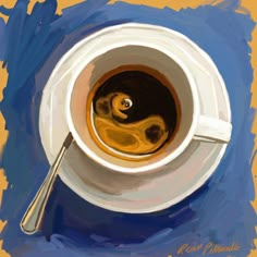 a painting of a cup of coffee on a saucer with a spoon in it