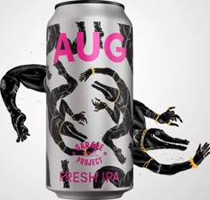 a can of beer with an image of two people in black and pink on it