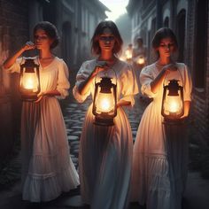 three women in white dresses holding lanterns with lights on them, and one woman wearing a white dress