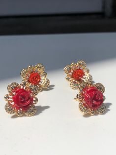 Natural coral. Victorian style Cubic zirconia gold plated studs. Carved rose coral stud earrings, flower shape CZ paved stud earrings, square  flower shape rhinestone studs, wedding earrings, pink, red and orange coral rose earrings , gift for her, gift for mom Elegant Rose Red Flower Earrings, Elegant Red Flower Earrings For Anniversary, Red Flower Earrings For Formal Occasions, Rose Red Flower Earrings For Wedding, Elegant Rose Red Flower Earrings For Wedding, Elegant Rose Red Flower-shaped Earrings, Rose Red Flower Wedding Earrings, Wedding Rose Red Flower Earrings, Wedding Flower Shaped Rose Red Earrings