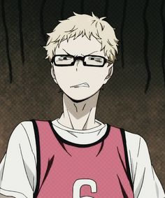 an anime character wearing glasses and a red shirt with the number 6 on it's chest