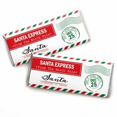 two santa expresso candy bars are shown on a white surface with green and red stripes