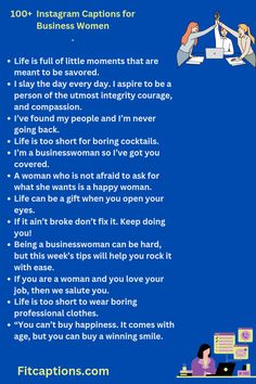 a woman sitting at a desk in front of a blue background with the words, 100 + instagram captions for business women