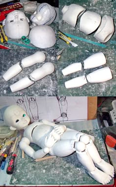 three images show the process of making a doll with plastic head and hands, including construction tools