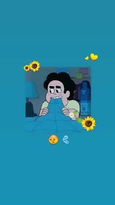 an animated image of a person laying in bed with sunflowers