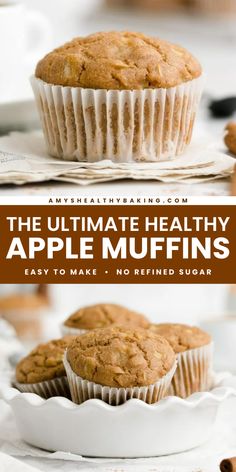 This easy healthy breakfast is also a healthy snack to make! You'll love these healthy apple muffins that are clean eating, low fat, and low sugar with a gluten free option. Moist and sweet with cozy spices, these bakery style muffins are one of the best apple recipes Low Calorie Apple Muffins, Jumbo Apple Muffins, Low Sugar Apple Recipes, Low Sugar Apple Desserts, Almond Flour Apple Muffins, Sugar Free Apple Recipes, Sugar Free Apple Muffins, Apple Recipes No Sugar, Apple Crumble Recipes