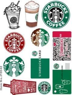 various starbucks stickers are arranged on a white background