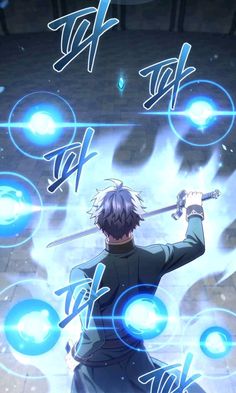 an anime character holding two swords in front of some blue circles and glowing lights on the ground