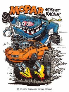 an image of a cartoon monster riding a car with flames on the front and back wheels