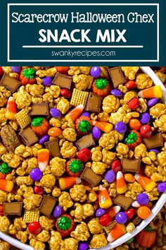 halloween snack mix in a white bowl with the title text overlay reads scarecrow halloween chex snack mix