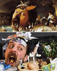 two pictures, one with an angry man and the other with many toys in front of it