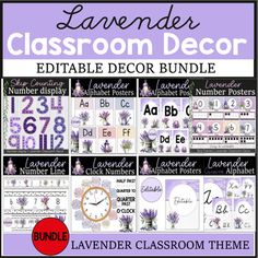 the lavender classroom decor bundle is shown in purple and white with numbers, letters, and flowers