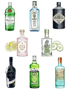 many different types of alcohol bottles with limes on the top and bottom, including gin