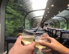 two people toasting wine glasses on a train car with green trees in the background