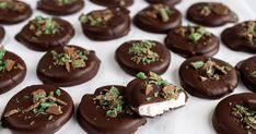 chocolate covered cookies with green sprinkles and white frosting