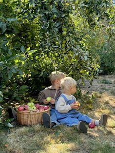 two children sitting in the grass with apples