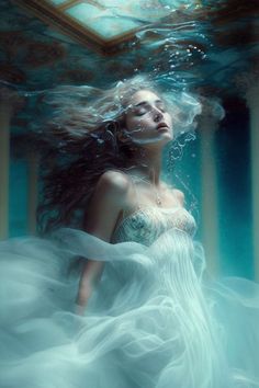 a woman in a white dress under water with her hair flying through the air and looking up