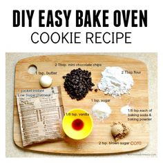 an easy recipe for homemade cookies on a cutting board with ingredients to make the cake