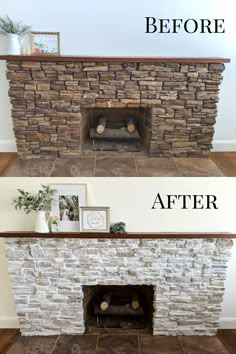 the before and after fireplace makeover with stone veneers, wood logs, and tile