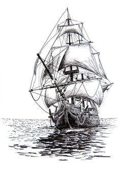 an ink drawing of a sailing ship in the ocean