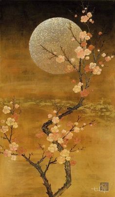 a painting with flowers and a moon in the background