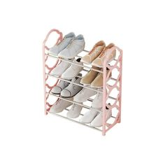 the shoe rack is pink and has several pairs of shoes hanging on it's sides