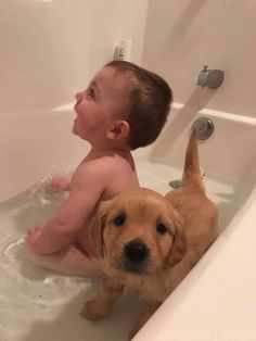 a baby sitting in a bathtub next to a dog