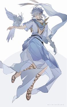 an anime character is flying through the air with her arms outstretched and two birds on her shoulder