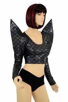 Mega Sharp Shoulder Pointy Black Dragon Scale Long Sleeve Crop Top Hologram Rock Star - 151168 Rainbow Dance, Dragon Scale, Black Dragon, Long Sleeve Crop, Rock Star, Stunning Dresses, Skater Dress, Long Sleeve Crop Top, Shoulder Sleeve