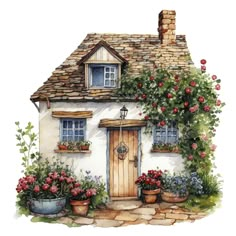 a watercolor painting of a house with flowers and potted plants on the outside