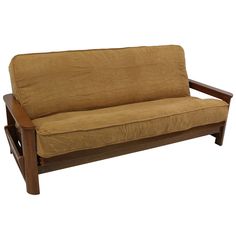 a wooden futon with a brown cover on it's back and arms,