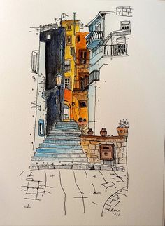 a drawing of some stairs and buildings