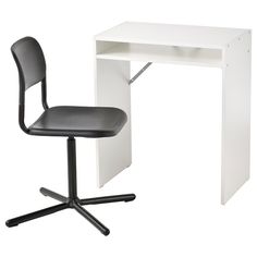 a desk with a chair next to it on a white background and an empty shelf