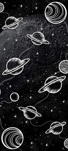 black and white drawing of planets flying in the night sky with stars on their sides