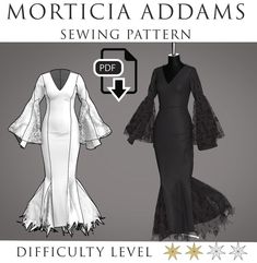 the sewing pattern for morticia adams's evening gown is shown in black and white