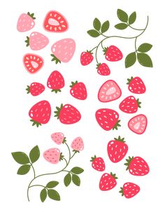 a bunch of strawberries on a white background with green leaves and pink berries in the foreground