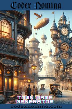 an image of a town with lots of clocks on the buildings and people walking around