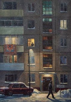 a painting of a man walking down the street in front of a building at night