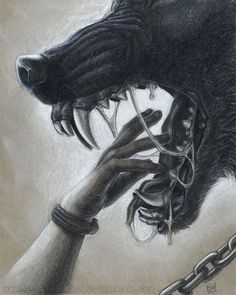 a drawing of a wolf with its mouth open and chain around it's neck