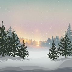 a snowy landscape with trees and stars in the sky