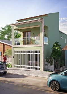 two cars are parked in front of a house