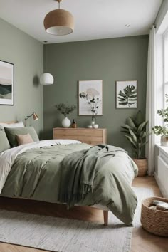 a bedroom with green walls and white bedding in the corner, plants on the wall