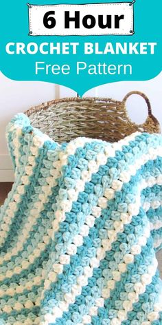 a crochet blanket with text overlay that reads, 6 hour crochet blanket free pattern