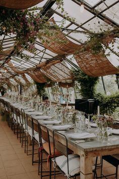 a long table is set up in a greenhouse for an outdoor wedding reception with greenery hanging from the ceiling