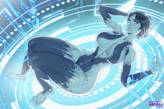 an animated woman laying on her stomach in front of a blue and white circular background