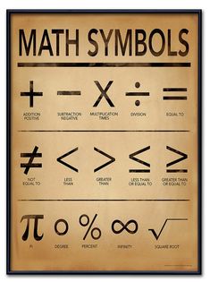 an old poster with some symbols on it's back side that says, math symbols